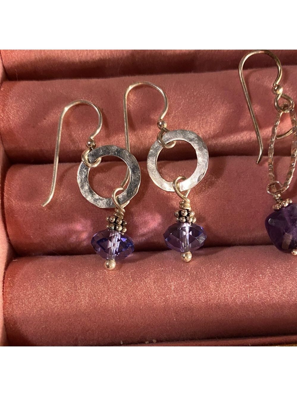Hammered Sterling Silver Circle with Purple gem Earrings.